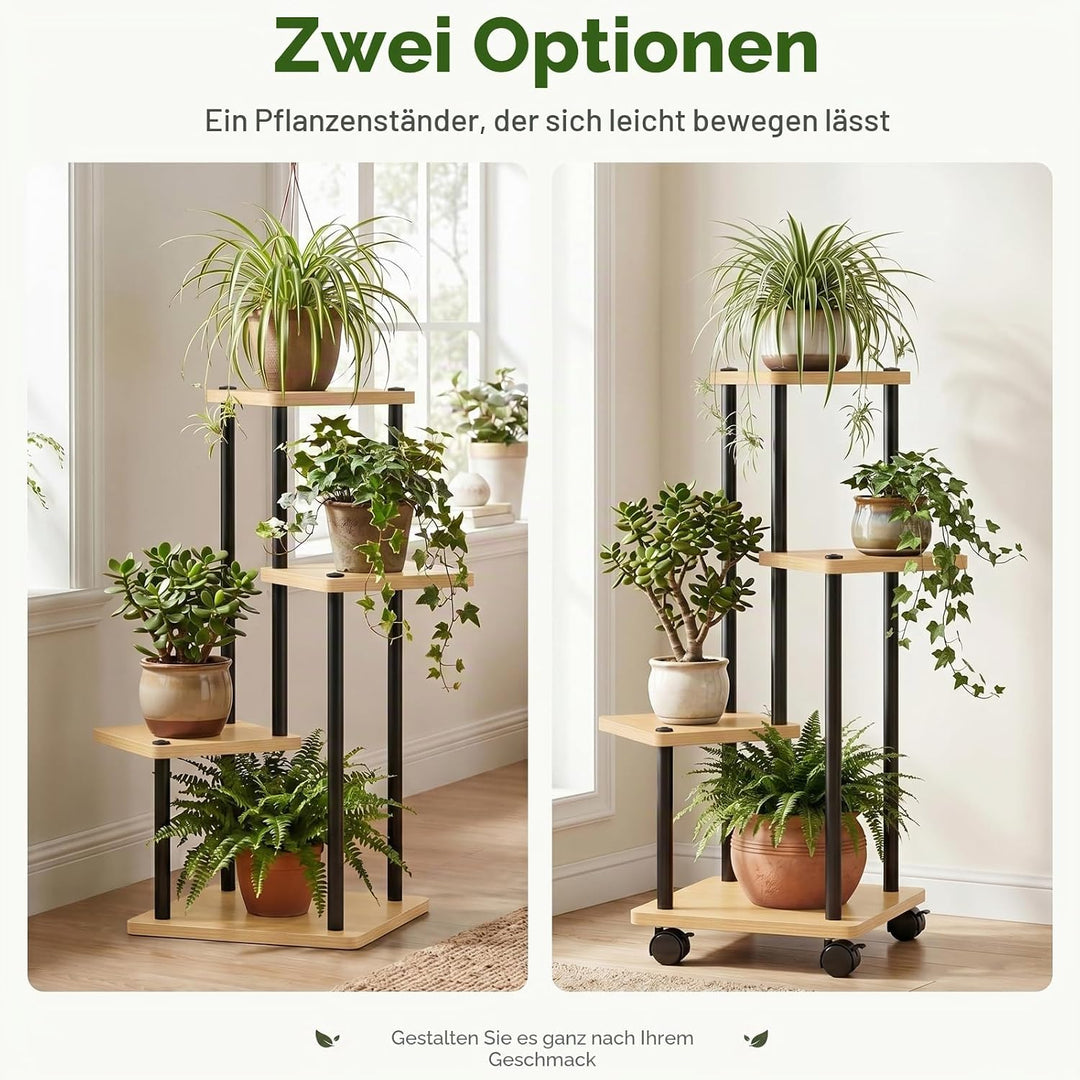 Blumenständer mit Rollen, 4 Etagen Pflanzenständer aus Metall und Holz, Platzsparend Indoor Pflanzen