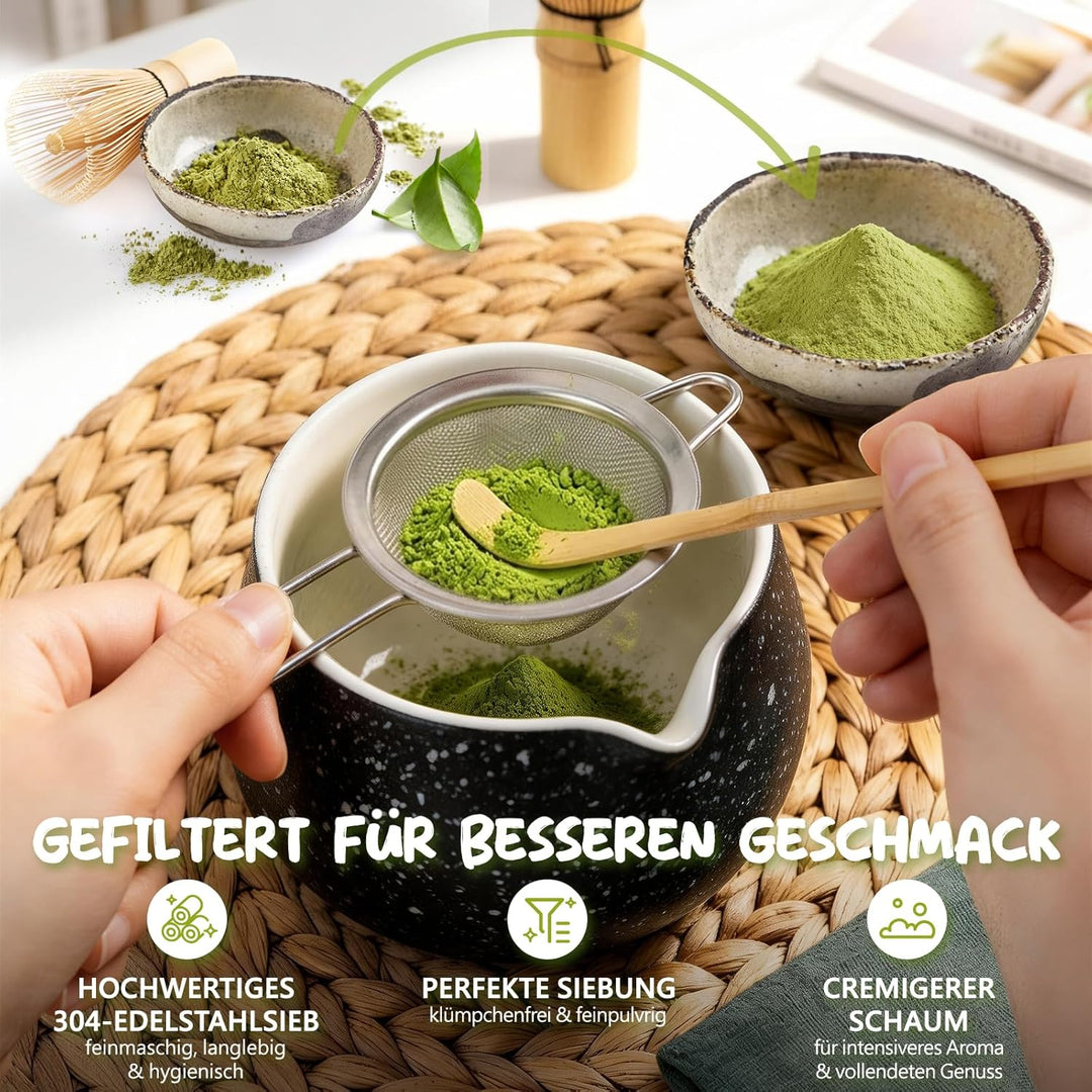 Matcha Set 7-teilig | Premium Tee-Zeremonie Set mit Matcha-Schale, Bambus-Chasen, Halter, Löffel, Si