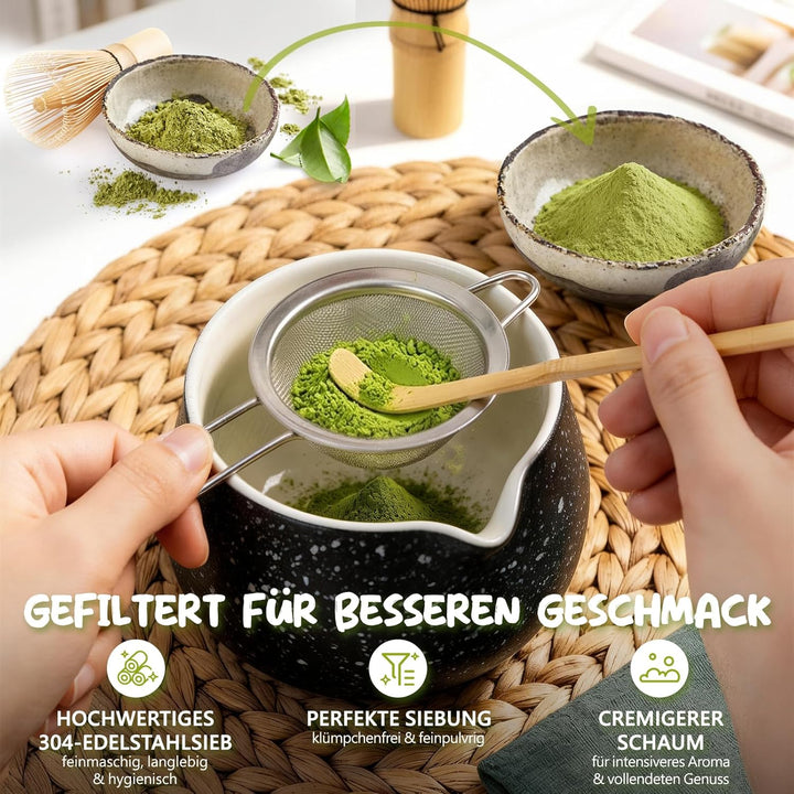 Matcha Set 7-teilig | Premium Tee-Zeremonie Set mit Matcha-Schale, Bambus-Chasen, Halter, Löffel, Si