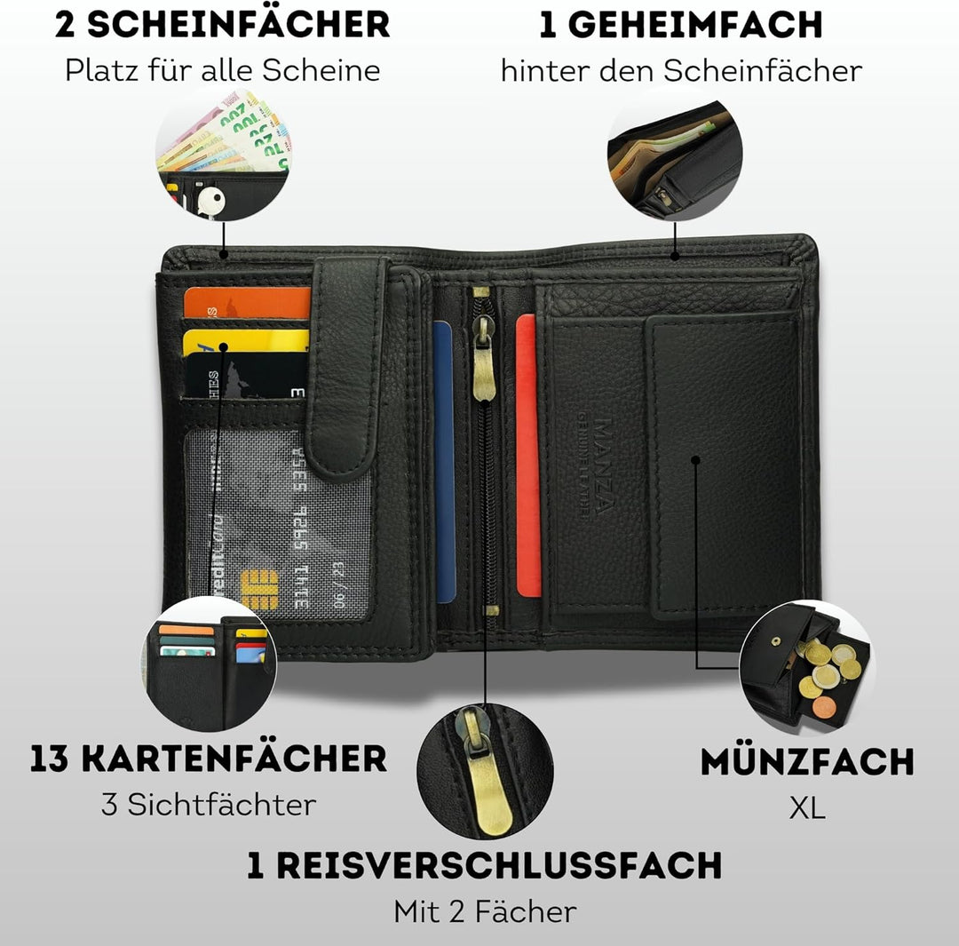 Manza Leder Geldbörse Herren mit RFID Schutz und Geheimfach I Echtleder Geldbeutel für Männer mit Ge