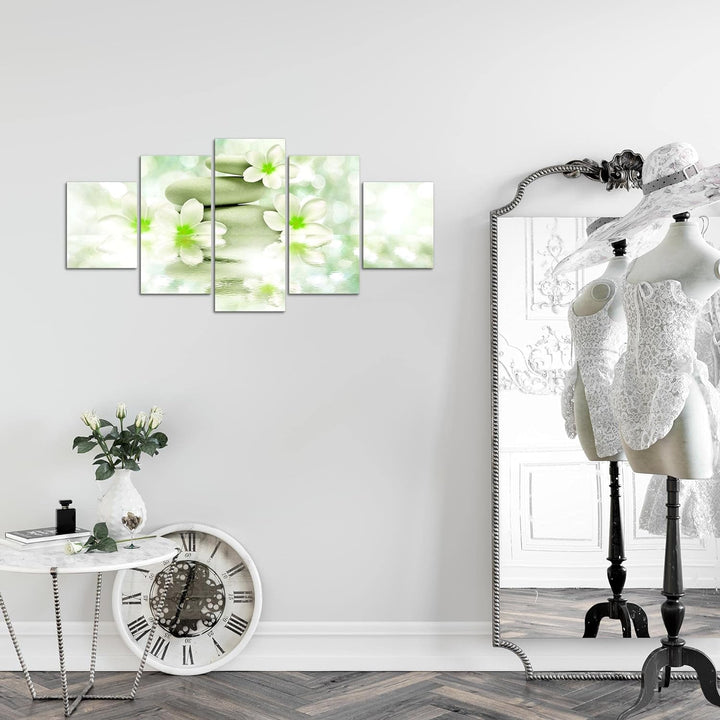 Runa Art Wandbilder Blumen Feng Shui 5 Teilig Bild auf Vlies Leinwand Deko Wohnzimmer Steine Zen Grü