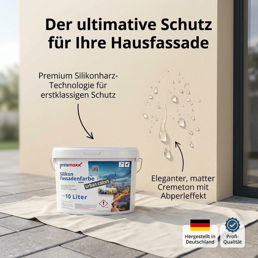 Preismaxx Silikonharz Fassadenfarbe, Cremefarben Beige 2,5 Liter, hochwertige, matte, wasserabweisen