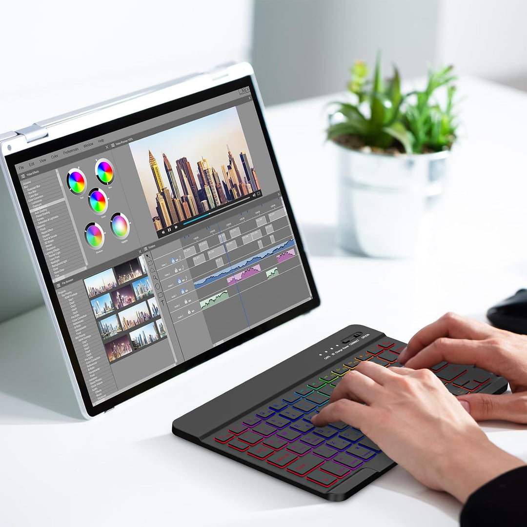 MMK Bluetooth-Tastatur, Deutsches QWERTZ-Layout mit 7-Farbiger Hintergrundbeleuchtung, Mini Wireless