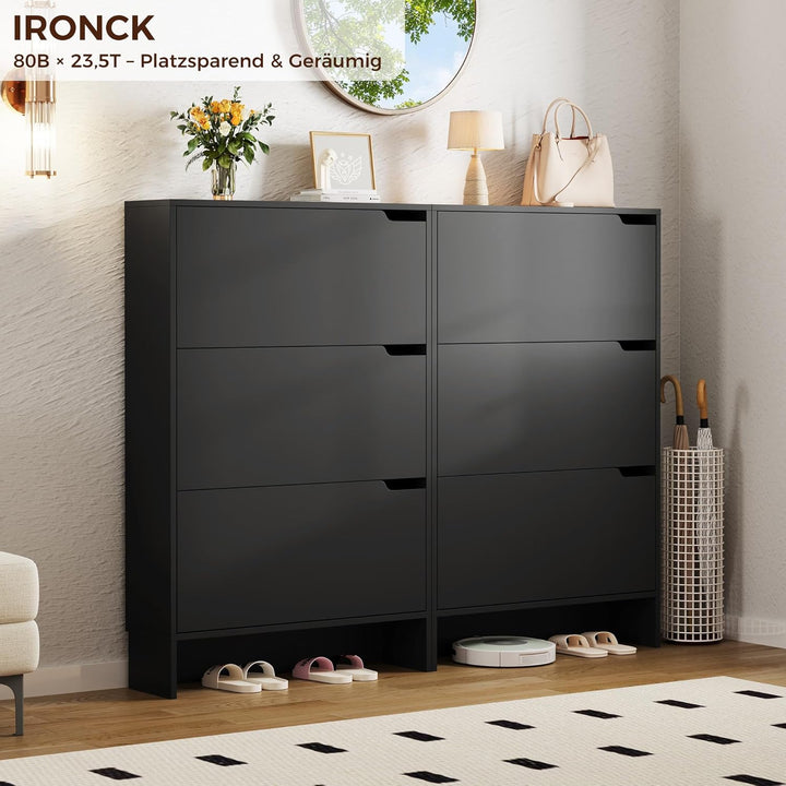 IRONCK Schuhschrank mit 3 Klappen, Schuhkipper Schmal, Schuhregal Flur freistehend, Schuhkommode mit