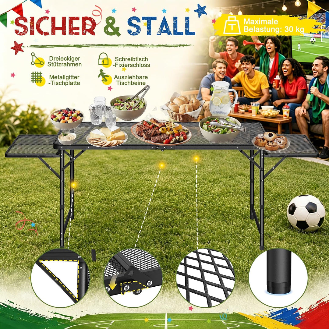 Tragbarer Campingtisch 120x60cm, Höhenverstellbar & Klappbar Gartentisch mit Metallgitterplatte, Erw