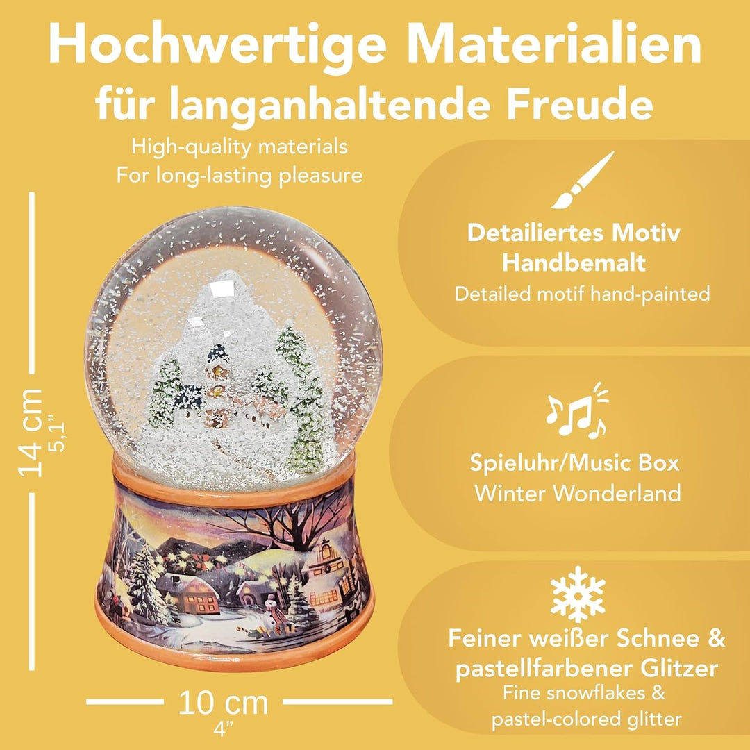 Weihnachts-Schneekugel mit Musik | Schneekugel Berddorf im Winter | Sockel Winterlandschaft braun |
