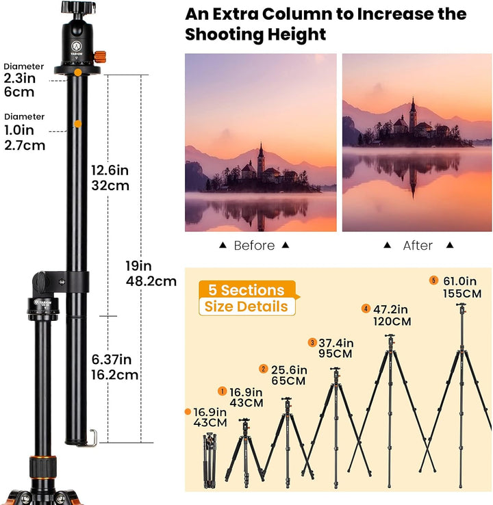 TARION Kamera Stativ mit Transversal Mittelsäule, Aluminium Fotostativ Reisestativ mit 360° Kugelkop