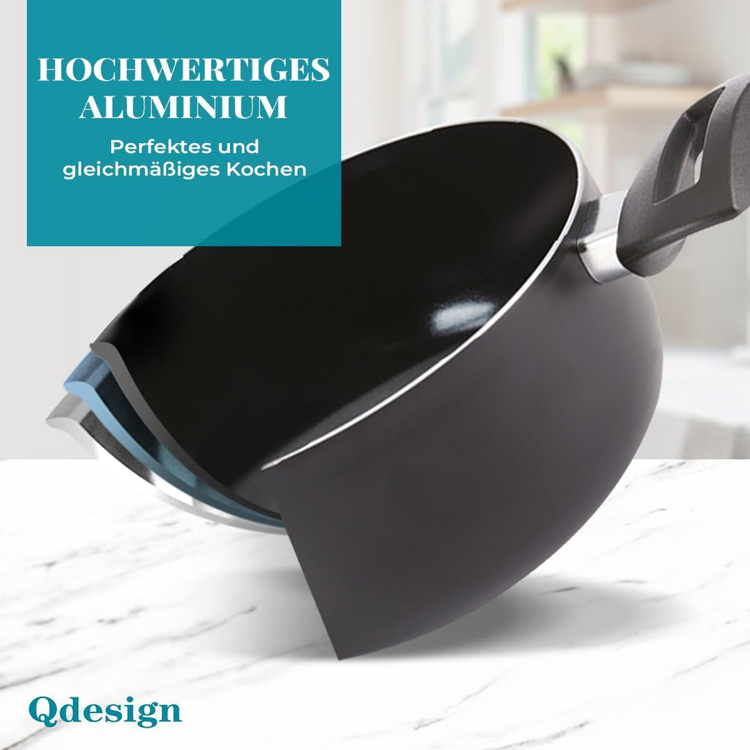 QDESIGN BLACK+ 2er-Set PFOA-freie, antihaftbeschichtete Aluminium-Kasserollen + 2 Glasdeckel – für a