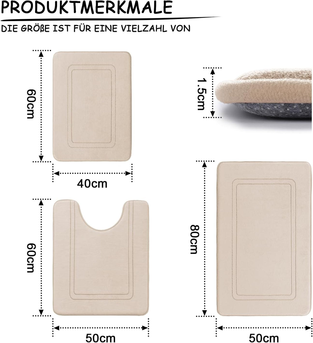 chakme Badezimmerteppich Set 3 Teilig, Weiche Memory-Schaum Badematte und U Förmige wc Vorleger, Bad
