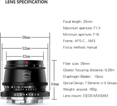 TTArtisan 35mm F 1.4 Objektiv APS-C MF Kameraobjektiv für EOS M-Mount Kameras M1 M2 M3 M5 M6 M61 M10