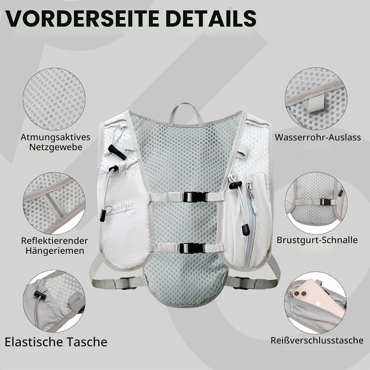 Runlight Laufweste für Damen und Herren,Verstellbare Brustgurte, Trinkweste Laufen mit 1500ml Wasser