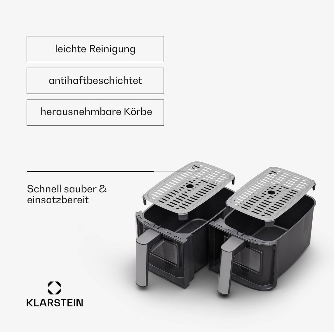 Klarstein Heissluftfritteuse, Airfryer mit 2 Kammern, 2850W Kompakte Heissluftfritteuse, 7,6L Luft-F