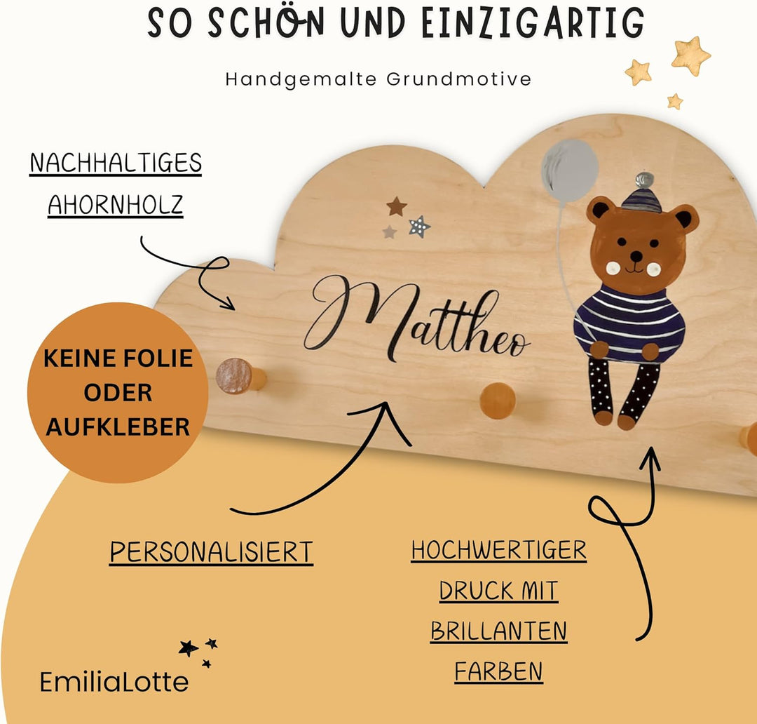 EmiliaLotte Kindergarderobe Personalisiert mit Wunschname I Garderobe Kinder aus Holz - Verschiedene