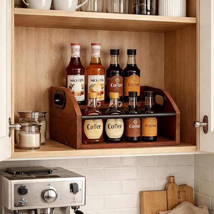 Kaffeesirup Organisationsständer 2 Stufig mit Metallstange Tragegriff, Kaffee Sirup Regal Organizer
