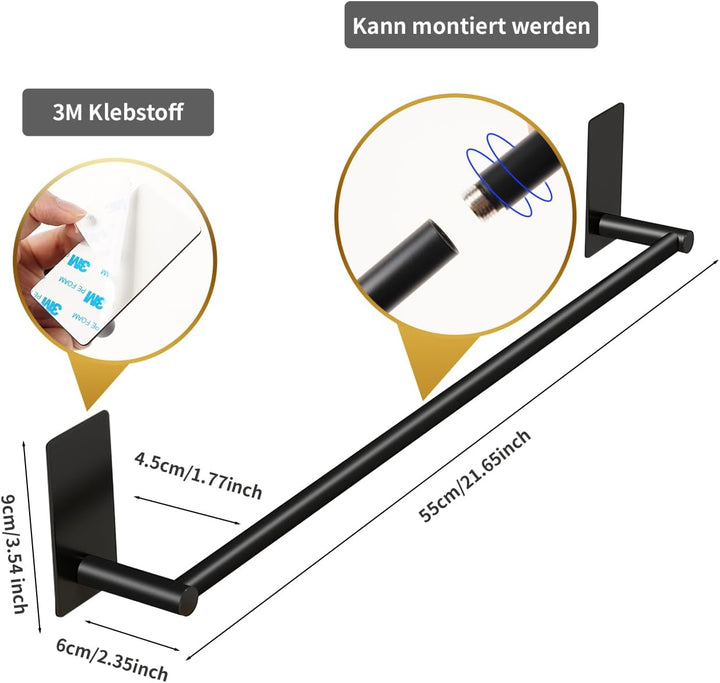 JS Handtuchhalter Ohne Bohren Schwarz handtuchstange Selbstklebend Wandmontage Edelstahl Duschtuchha