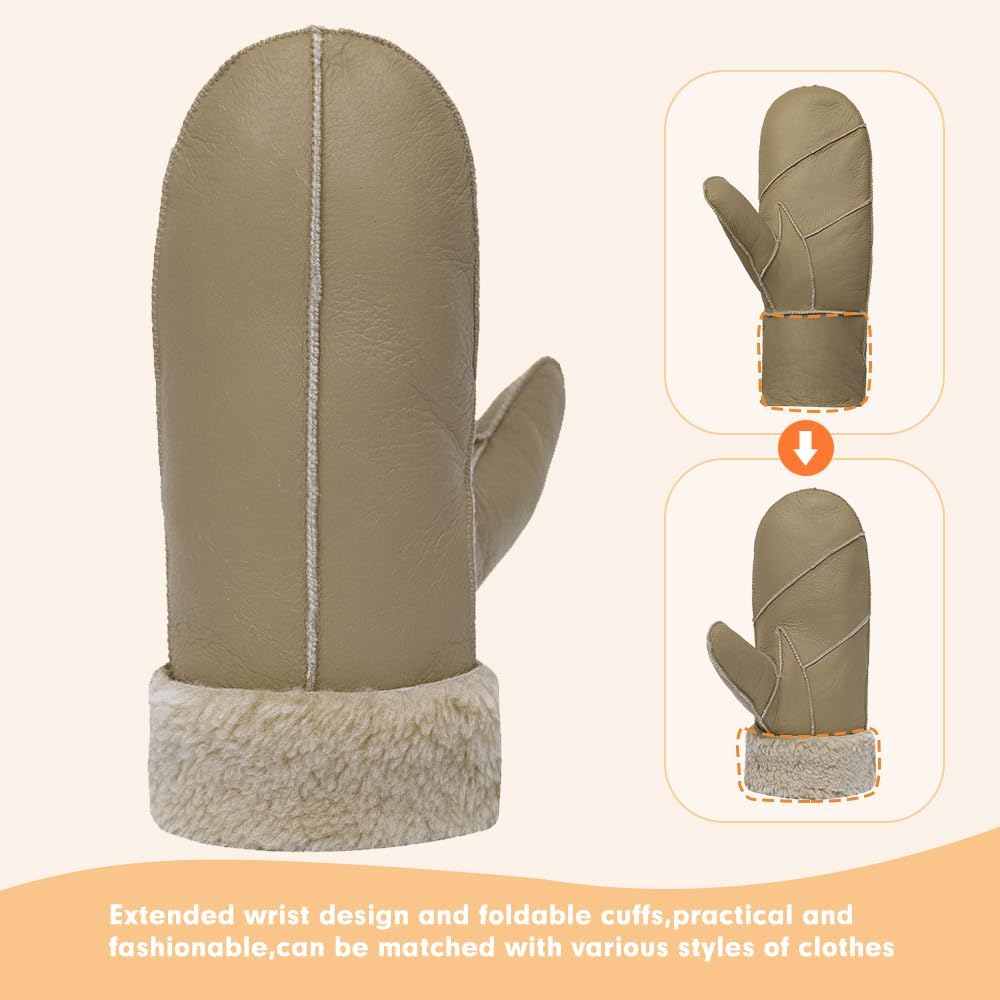 MGGMOKAY Damen Lammfell Shearling Fäustlinge Warme Winter Lederhandschuhe XL Beige, XL Beige