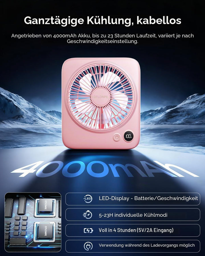 Otlonpe Tischventilator Leise, 4000mAh Akku Tisch Ventilator Tragbar, 23H Laufzeit Tischventilatoren