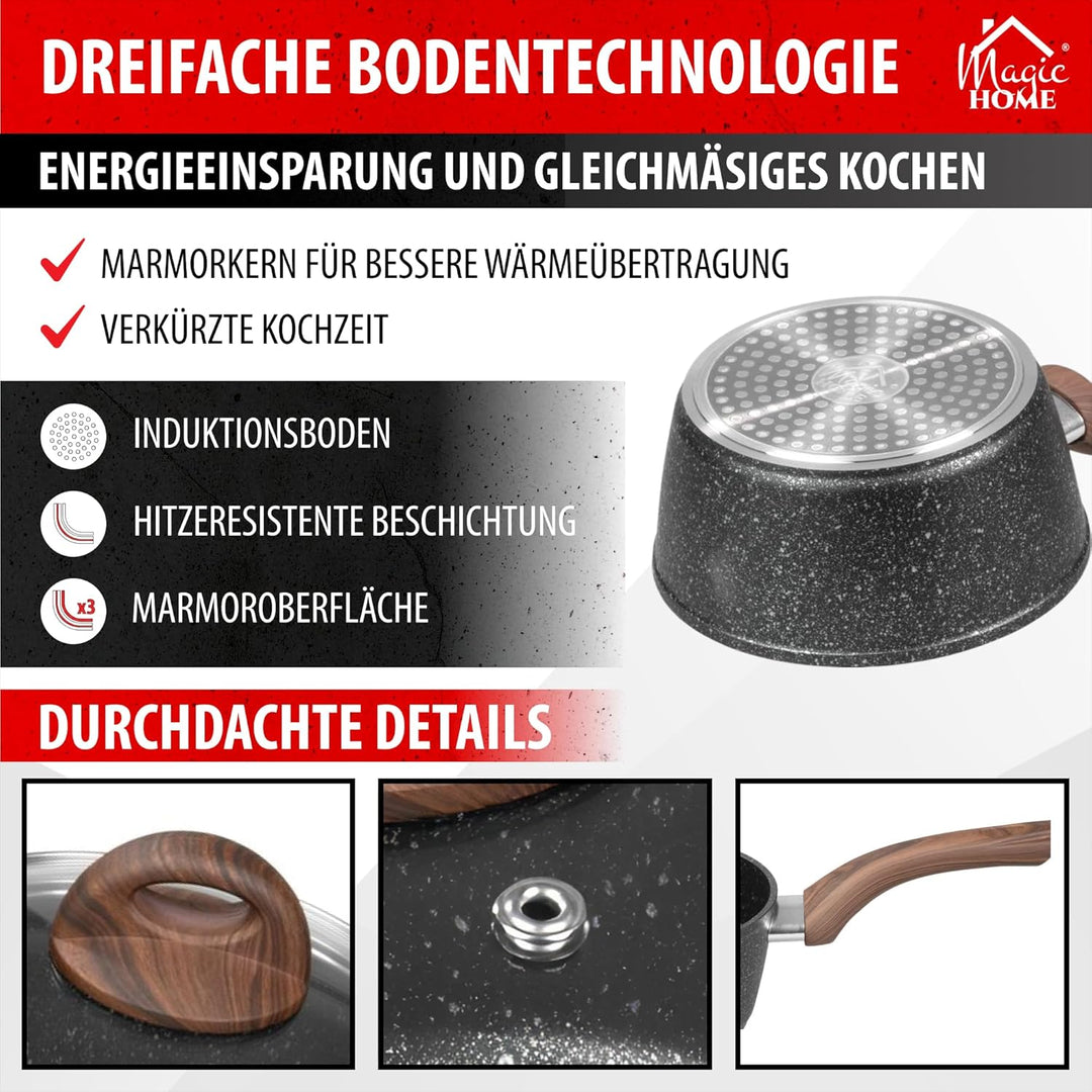 MAGIC HOME Stielkasserolle 16 cm INDUKTION | Marmor Antihaft Kasserolle mit Deckel | Kleiner Topf |