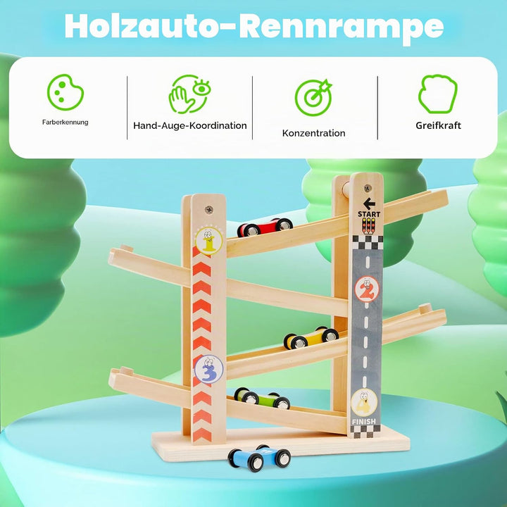 Holz Kugelbahn Autorennbahn mit 4 Autos Zick-Zack-Autorutsche Autorennbahn Holz Spielzeug Rennbahn L