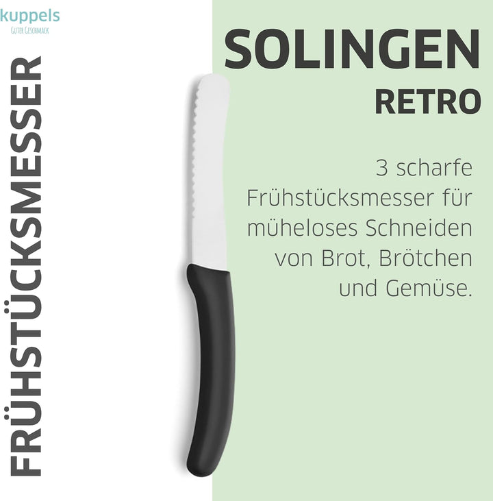 Kuppels SOLINGEN Retro Frühstücksmesser Set 3 teilig mit Wellenschliff Schwarz, Scharfes Küchenmesse