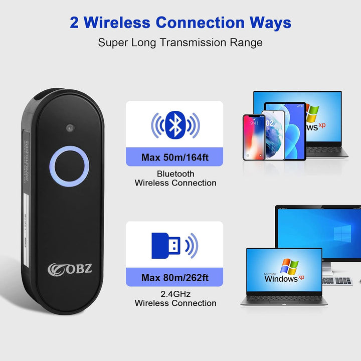 OBZ Mini 2D Barcode Scanner Bluetooth, Barcode Scanner Kabellos 3 in 1 USB & Bluetooth & 2.4G Wirele