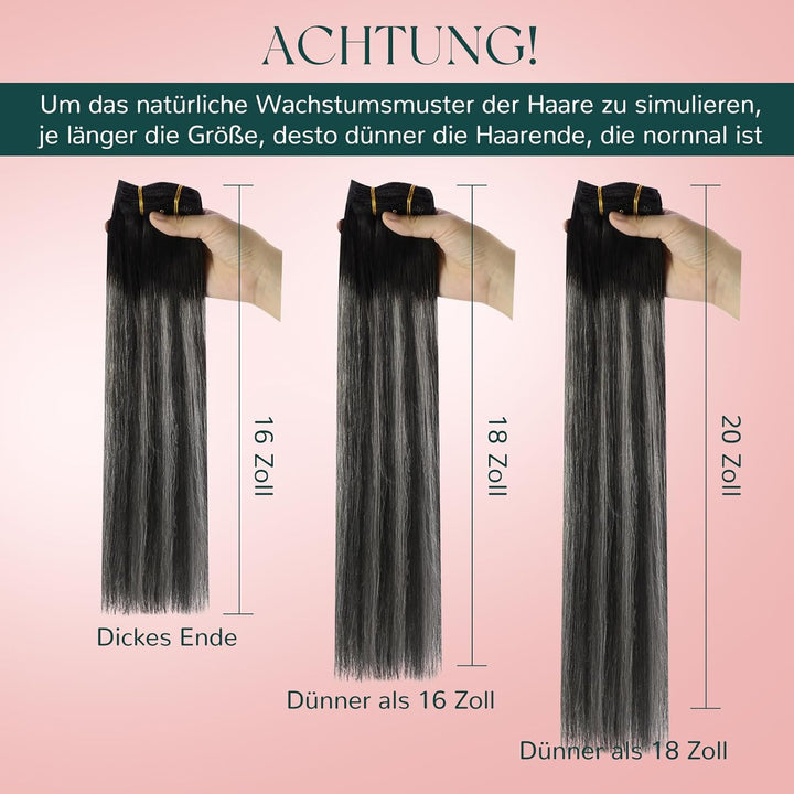 Easyouth Clip on Extensions Echthaar Remy Echthaar Clip in Extensions Farbe Off Black Mix Silber und