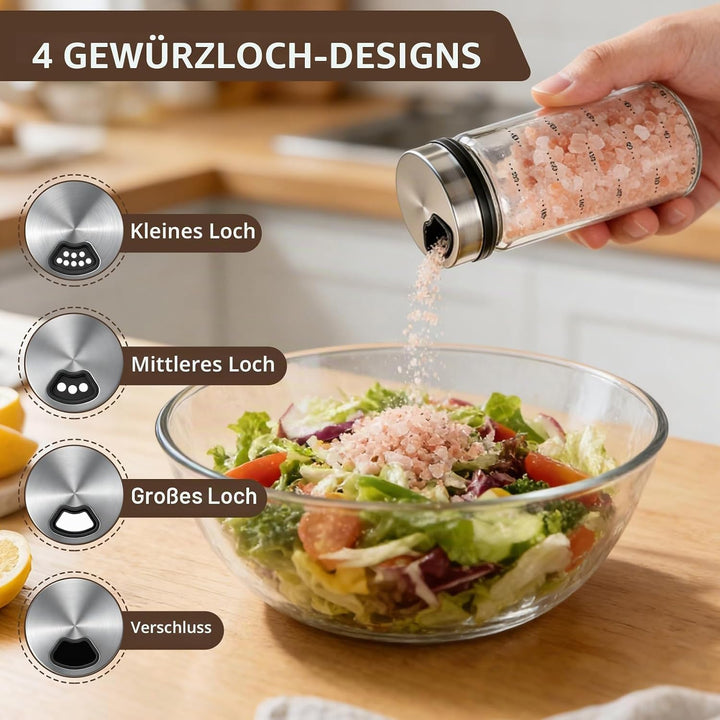 4 Stück 200ml Gewürzgläser mit Drehdeckel, Gewürzstreuer Glas, Gewürzdosen Gross mit 3 Arten von Gew