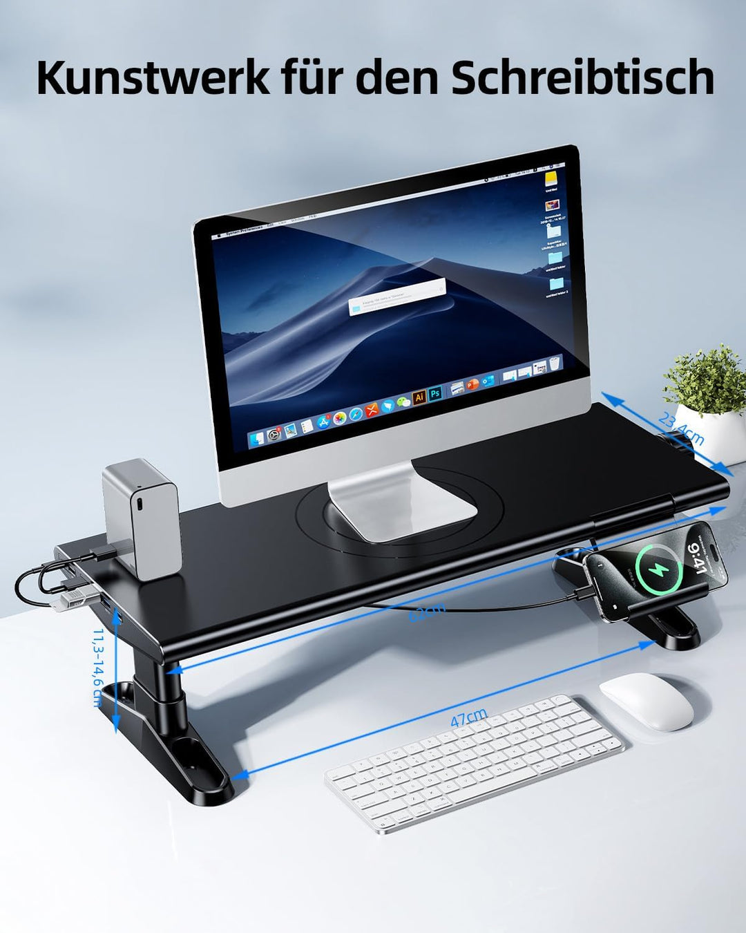 Monitorständer mit 6 USB C 3.0 Hub,HöHenverstellbar Monitor Erhöhung Schreibtisch Organizer Monitor