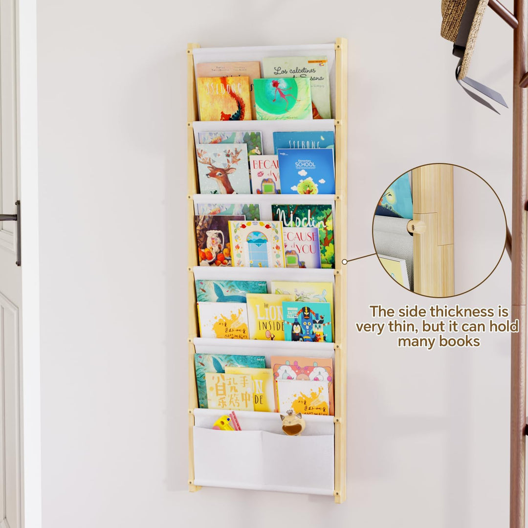 Bücherregal Kinder Wand Holz, mit 6 Lagige Taschen Wandregal Bücher Kinder, Montessori Bücherregal f