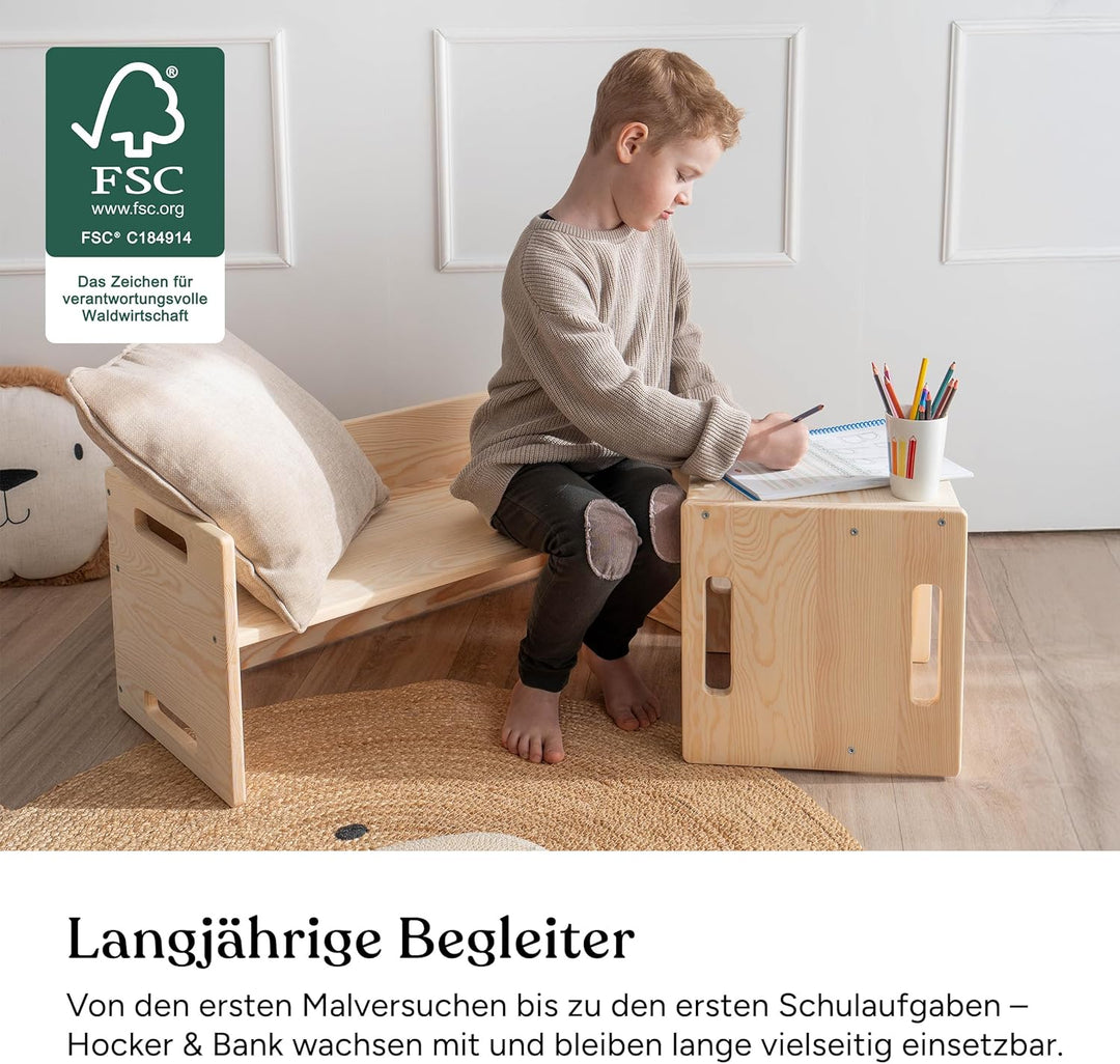 Ehrenkind® Kinder Wendebank | Bank aus Kiefernholz, Montessori-inspiriert, höhenverstellbar & kippsi