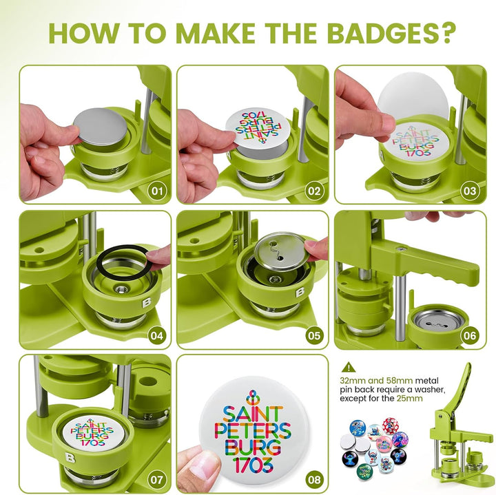 Buttonmaschine, 25+32+58 mm Button Maschine Presse Abzeichen 300 Sets Metall-Nadelrücken Badge-Teile