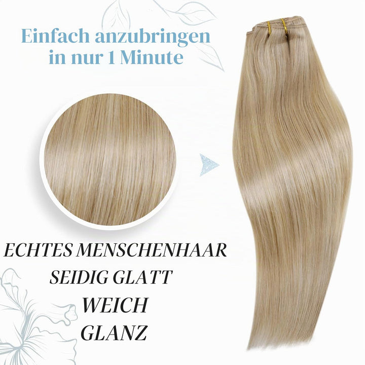 RUNATURE Clip in Extensions Echthaar Aschblond mit Goldblond 45cm 120g Echthaar Clip Extensions Remy