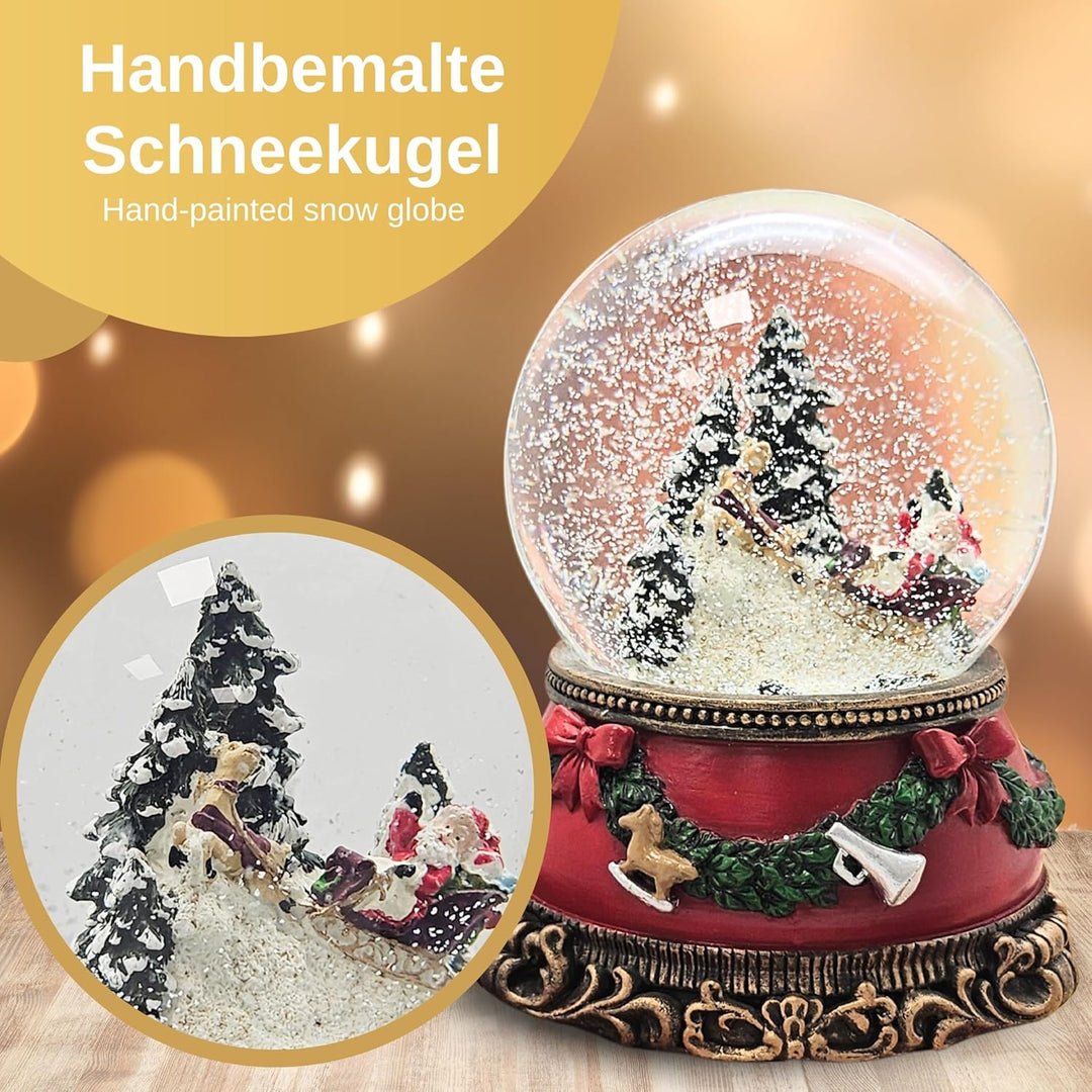 Schneekugel Weihnachten Spieluhr | Santa im Schlitten | Sockel Weihnachten rot Tannengirlande | mit