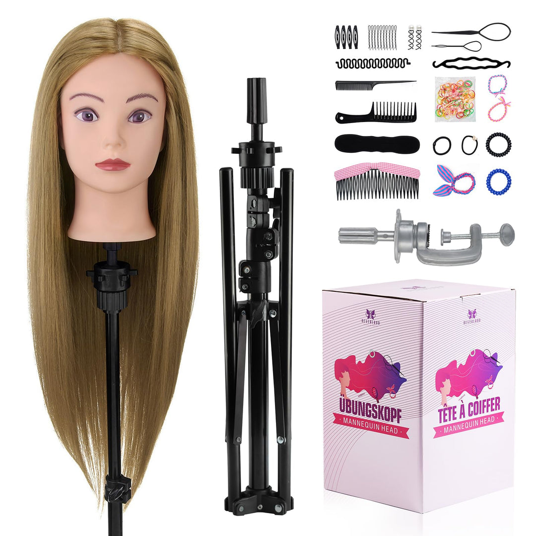Frisierkopf mit Übungskopf ständer,71cm 60% Frisierkopf Echthaar,Puppenkopf zum Frisieren,Trainingsk
