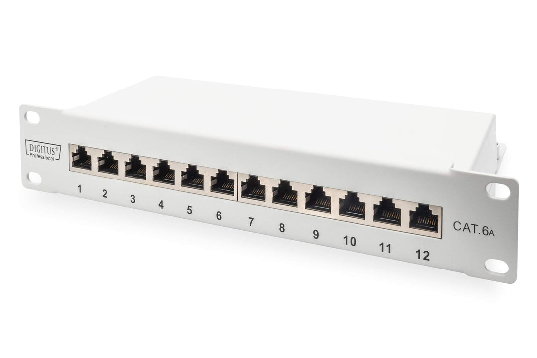 DIGITUS Cat-6A Patchpanel - 12 Ports - RJ45-Buchsen - 10-Zoll Rack-Mount 1HE - LSA Verteilerfeld - G