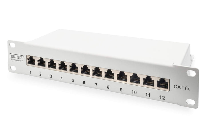 DIGITUS Cat-6A Patchpanel - 12 Ports - RJ45-Buchsen - 10-Zoll Rack-Mount 1HE - LSA Verteilerfeld - G