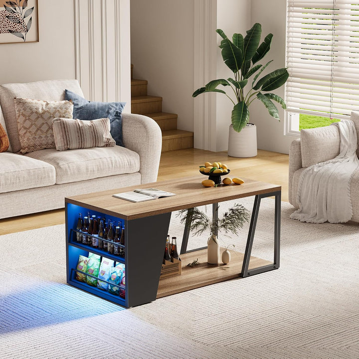 Gyfimoie Couchtisch mit Stauraum, Wohnzimmertisch mit Verstellbarer LED, Sofatisch mit Regal, Beiste