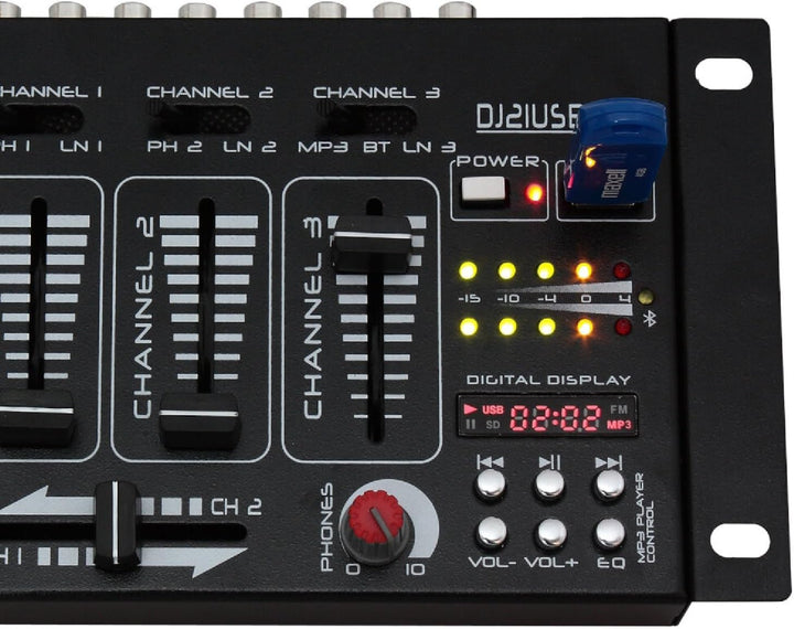 Ibiza - DJ21USB-BT - 4-Wege/7-Kanal-Mixer mit verschiedenen Eingängen - Bluetooth und USB - Schwarz