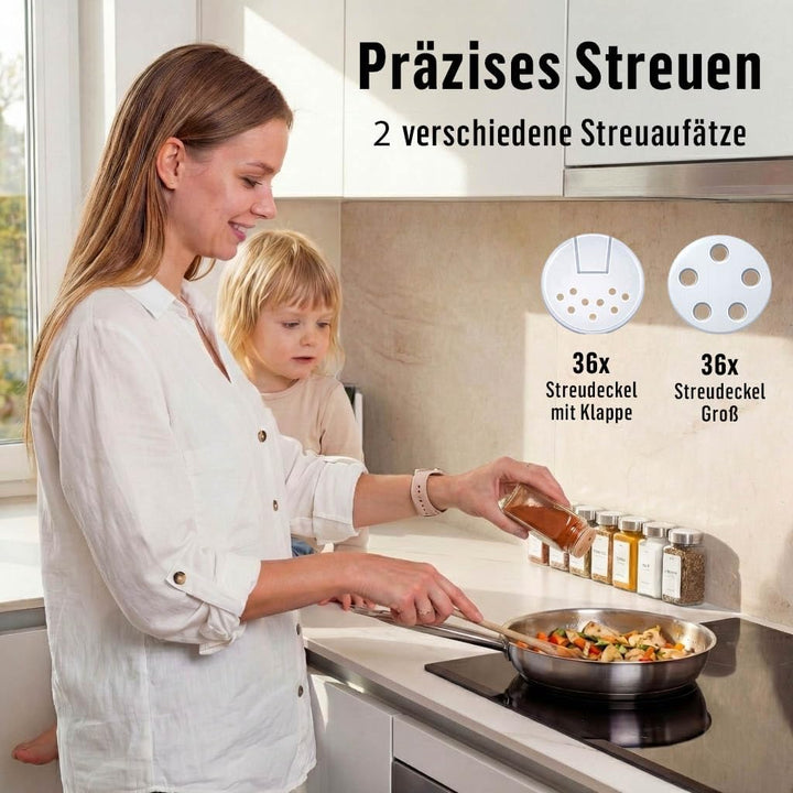 Deco haus® Gewürzgläser eckig mit Schraubkappe 36er Set [+Etiketten & Streueinsatz] - Gewürzdosen Se