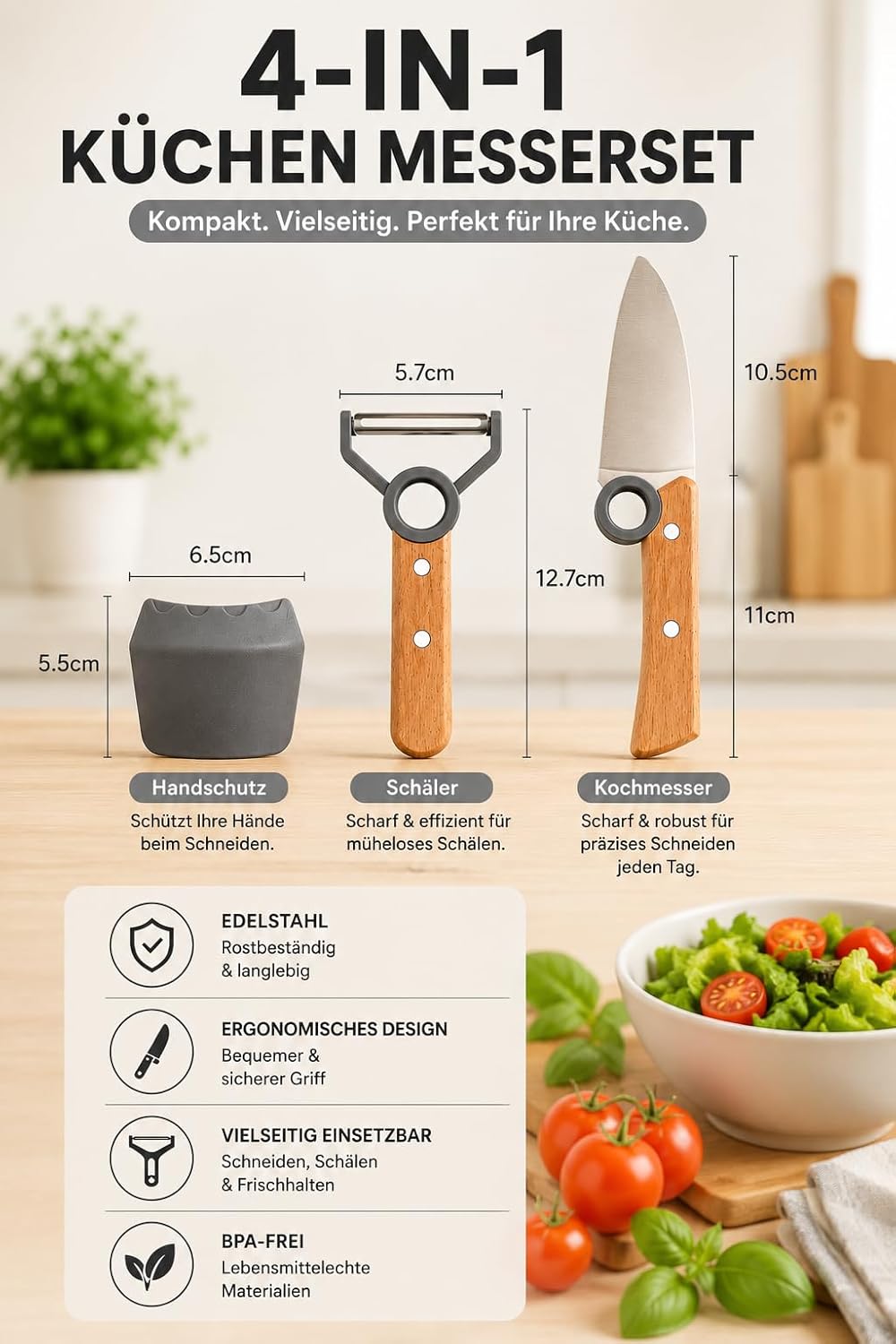 Kinder Kochmesser Set - 3 teilig - Kochmesser - Fingerschutz - Sparschäler - rostfrei Gelb, Gelb
