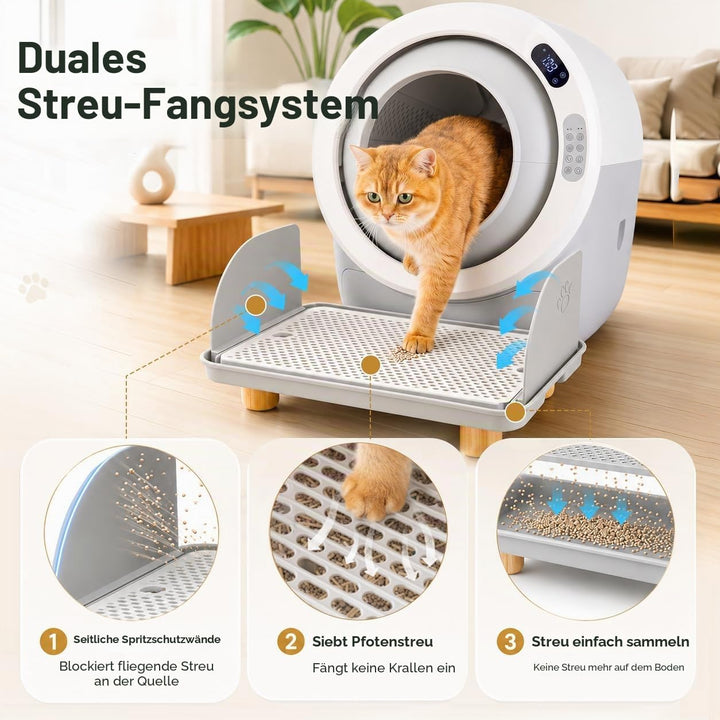 Katzenstreu Rampe mit Filterfunktion - rutschfeste Katzentoilettenstufe mit 4cm Hohe Holzfüsse - Kat