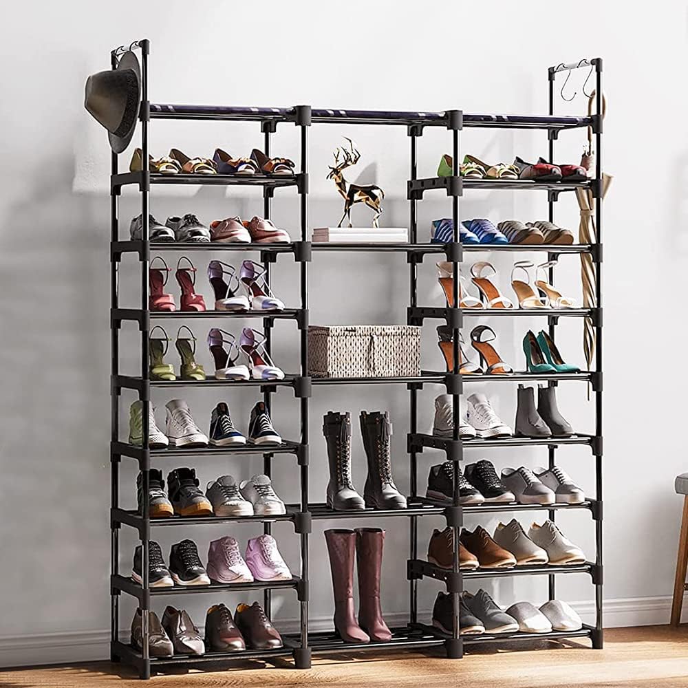 Schuhregal mit 9 Etagen, DIY, aus Metall, 50 – 55 Paar Schuhaufbewahrung, mit Haken für Wohnzimmer,