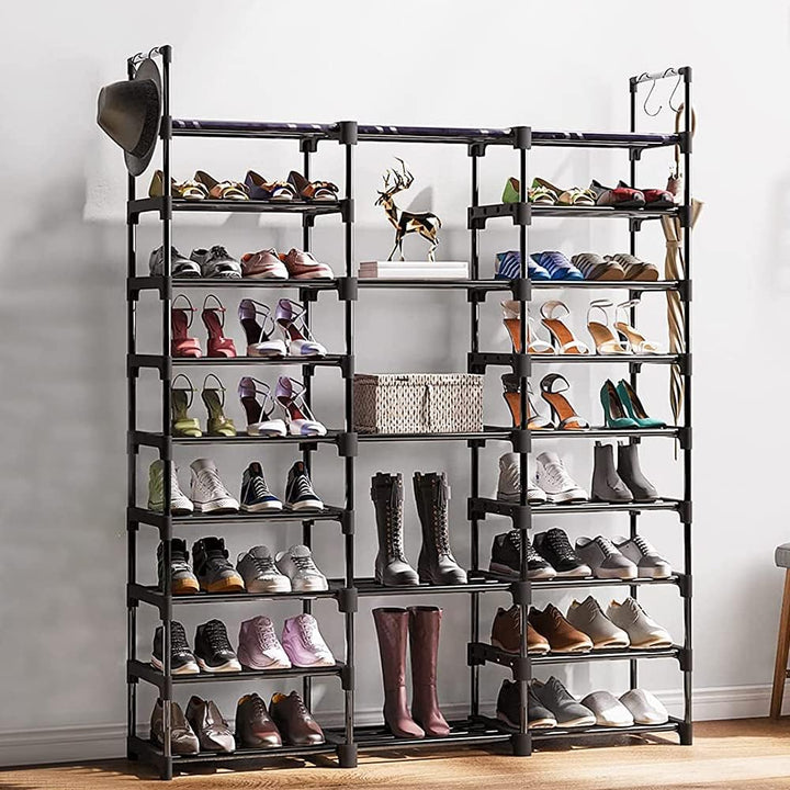 Schuhregal mit 9 Etagen, DIY, aus Metall, 50 – 55 Paar Schuhaufbewahrung, mit Haken für Wohnzimmer,