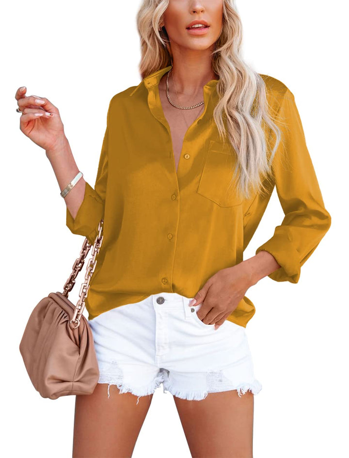 Homlan Damen Bluse Elegant V-Ausschnitt Satin Langarm Casual Oberteile Locker Hemd Einfarbig Lose La