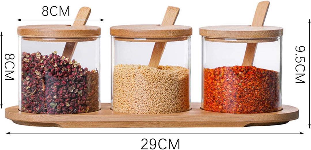 Gewürzbehälter 3er Set,300ml Gewürzgläser mit Löffel, Bambusdeckel und Base,Gewürzständer Glasgewürz