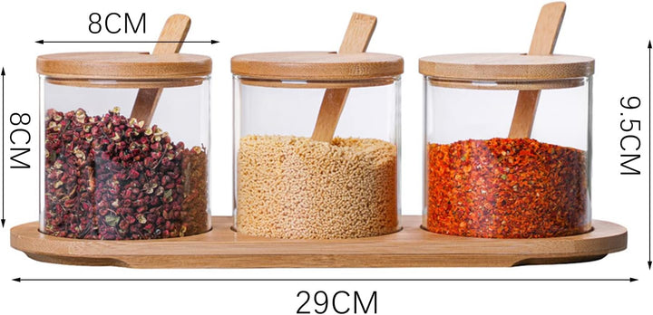 Gewürzbehälter 3er Set,300ml Gewürzgläser mit Löffel, Bambusdeckel und Base,Gewürzständer Glasgewürz