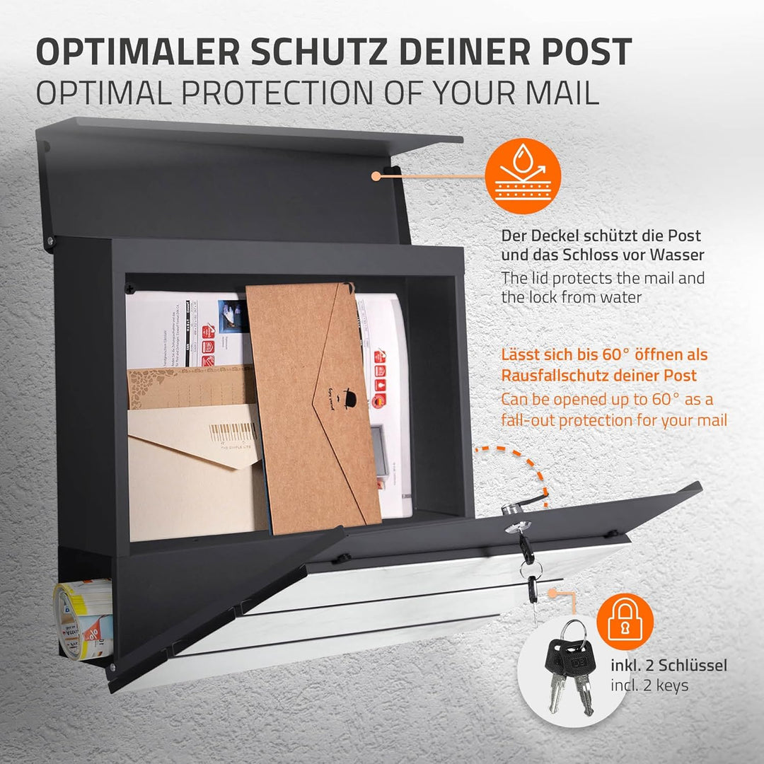 ML-Design Briefkasten 37x37x11 cm Anthrazit/Weiss-Marmoroptik, Stahl, Postkasten mit Zeitungsfach, A