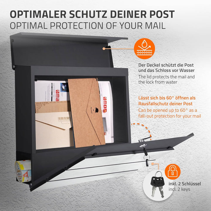 ML-Design Briefkasten 37x37x11 cm Anthrazit/Weiss-Marmoroptik, Stahl, Postkasten mit Zeitungsfach, A