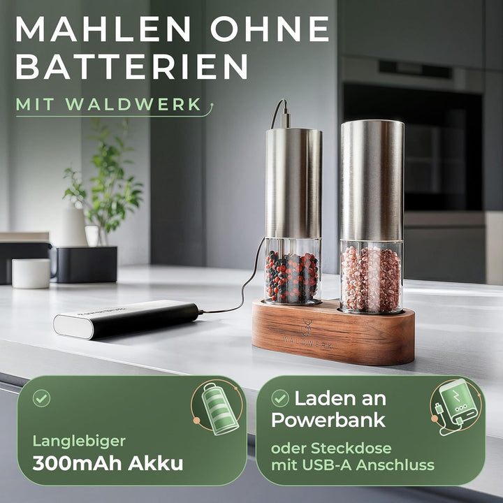 WALDWERK Elektrische Salz- und Pfeffermühle (300 mAh Akku) - Edle Akazie-Halterung - Elektrische Müh