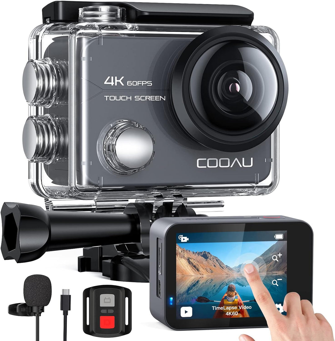 COOAU Action Cam 4K60fps 20MP Touchscreen WiFi Sport Kamaras mit 8 x Zoom, 6-Achsen-Anti-Shake-EIS,